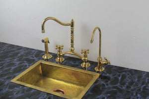 Kitchen Bridge Faucet with Side Sprayer – Modern Unlacquered Brass Faucet for Timeless Elegance