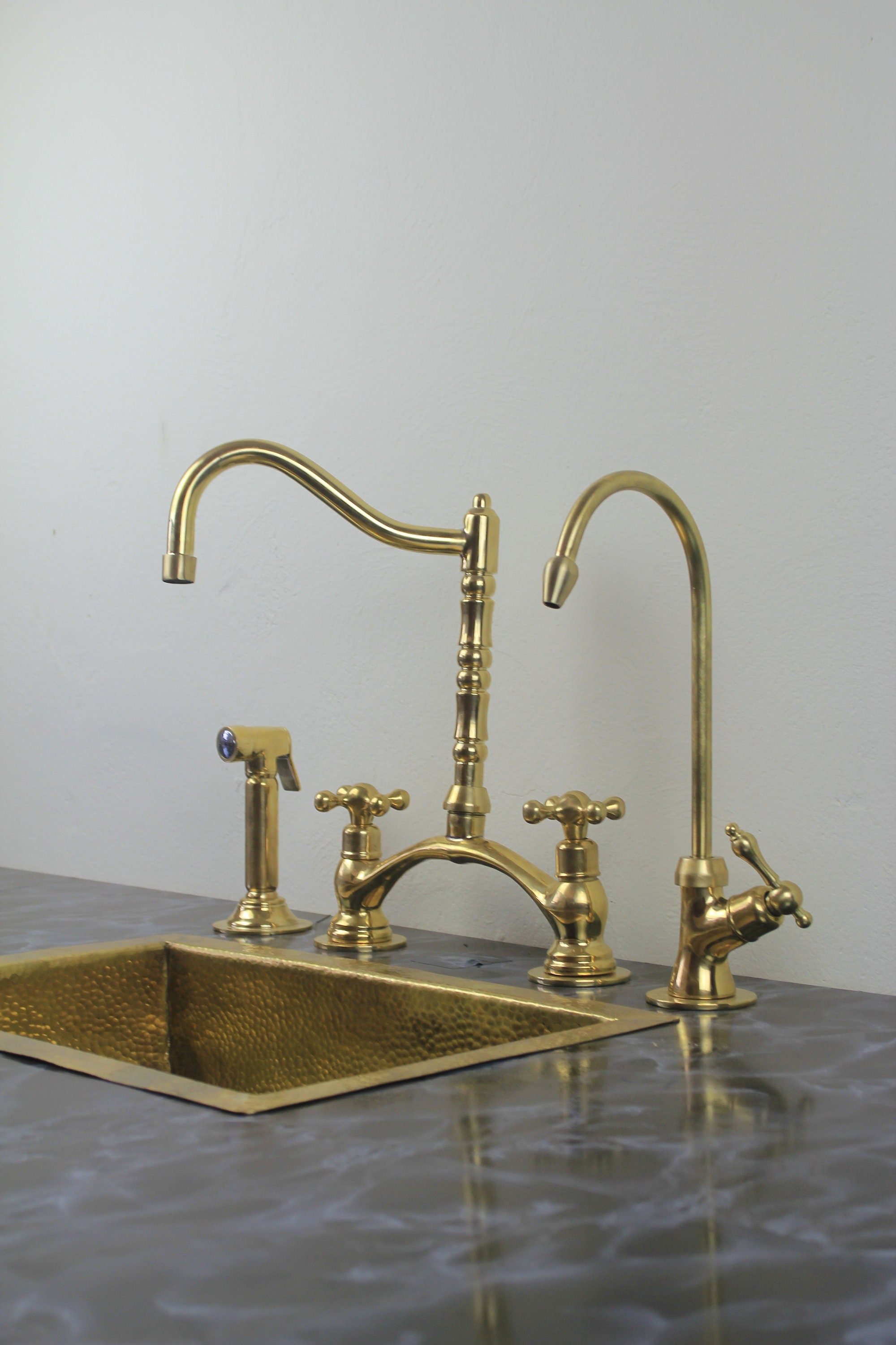 Kitchen Bridge Faucet with Side Sprayer – Modern Unlacquered Brass Faucet for Timeless Elegance
