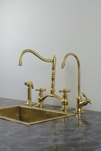 Kitchen Bridge Faucet with Side Sprayer – Modern Unlacquered Brass Faucet for Timeless Elegance