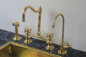 Kitchen Bridge Faucet with Side Sprayer – Modern Unlacquered Brass Faucet for Timeless Elegance