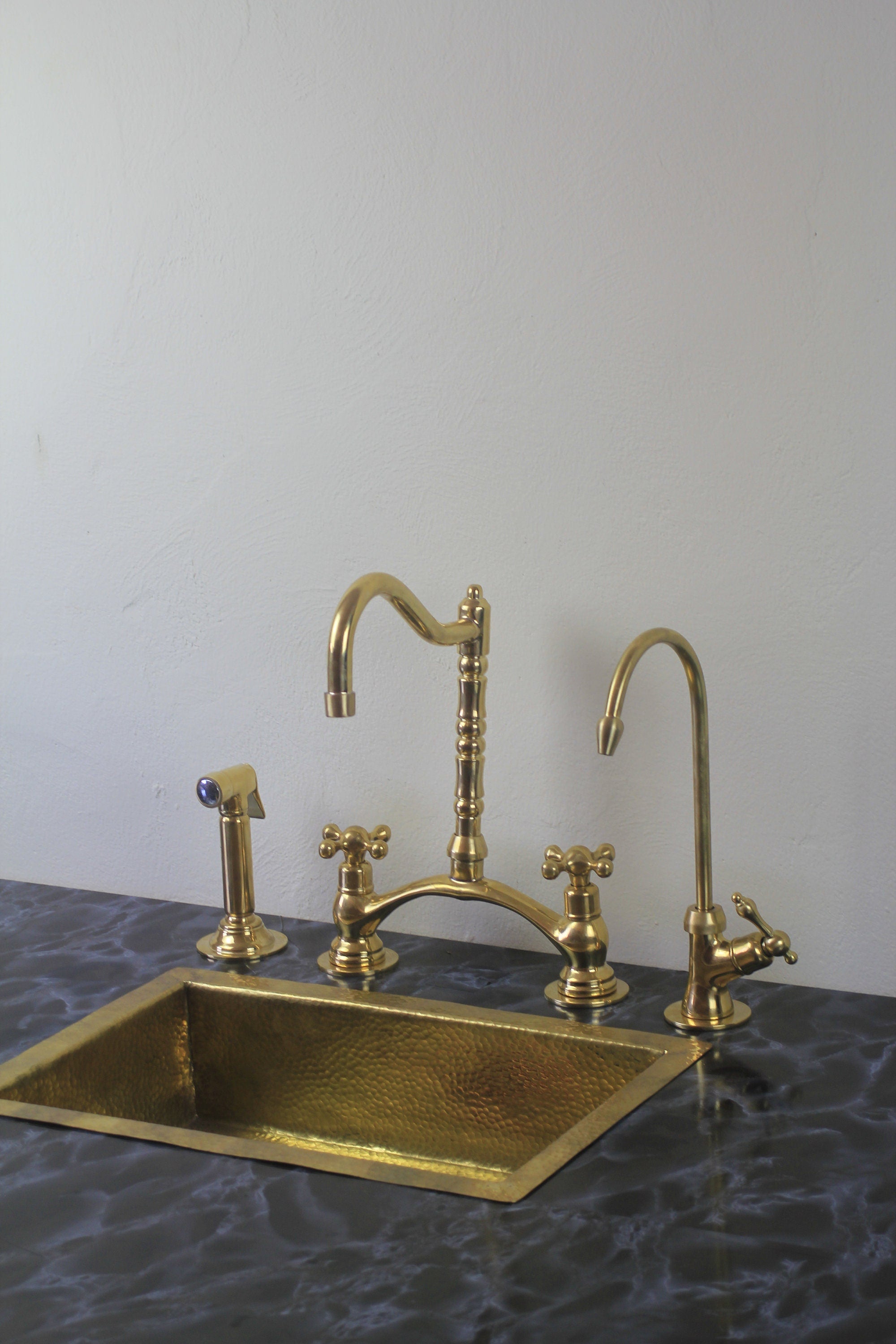 Kitchen Bridge Faucet with Side Sprayer – Modern Unlacquered Brass Faucet for Timeless Elegance