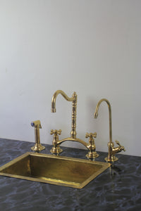 Kitchen Bridge Faucet with Side Sprayer – Modern Unlacquered Brass Faucet for Timeless Elegance