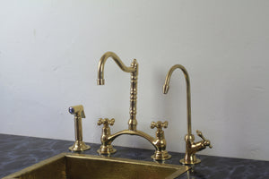 Kitchen Bridge Faucet with Side Sprayer – Modern Unlacquered Brass Faucet for Timeless Elegance