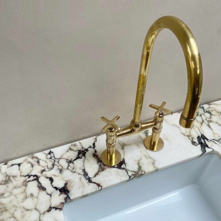 Solid Brass Bridge Kitchen Faucet with Straight Legs – Unlacquered Moroccan Brass Sink Tap with Optional Spraye