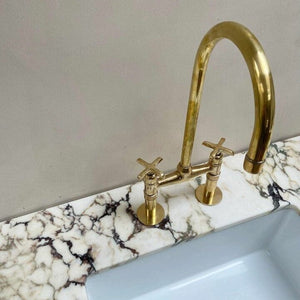 Solid Brass Bridge Kitchen Faucet with Straight Legs – Unlacquered Moroccan Brass Sink Tap with Optional Spraye