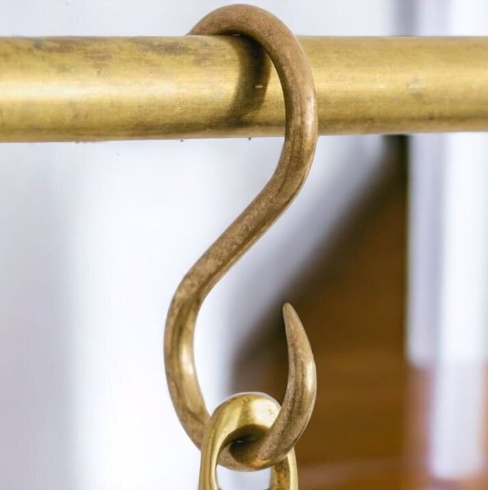Brass Wall Pot Rack Kitchen Storage , pot hanging rack ceiling , Unlacquered Brass Wall Mounted Pot Rack , Brass Kitchen Rail with Hooks