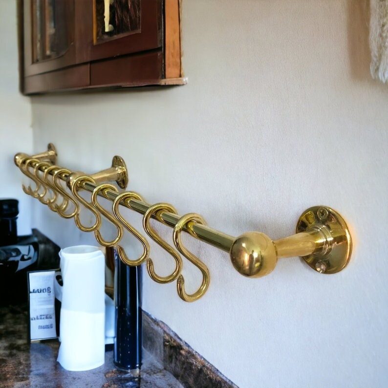 Brass Wall Pot Rack Kitchen Storage , pot hanging rack ceiling , Unlacquered Brass Wall Mounted Pot Rack , Brass Kitchen Rail with Hooks