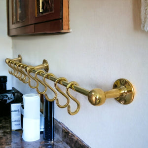 Brass Wall Pot Rack Kitchen Storage , pot hanging rack ceiling , Unlacquered Brass Wall Mounted Pot Rack , Brass Kitchen Rail with Hooks