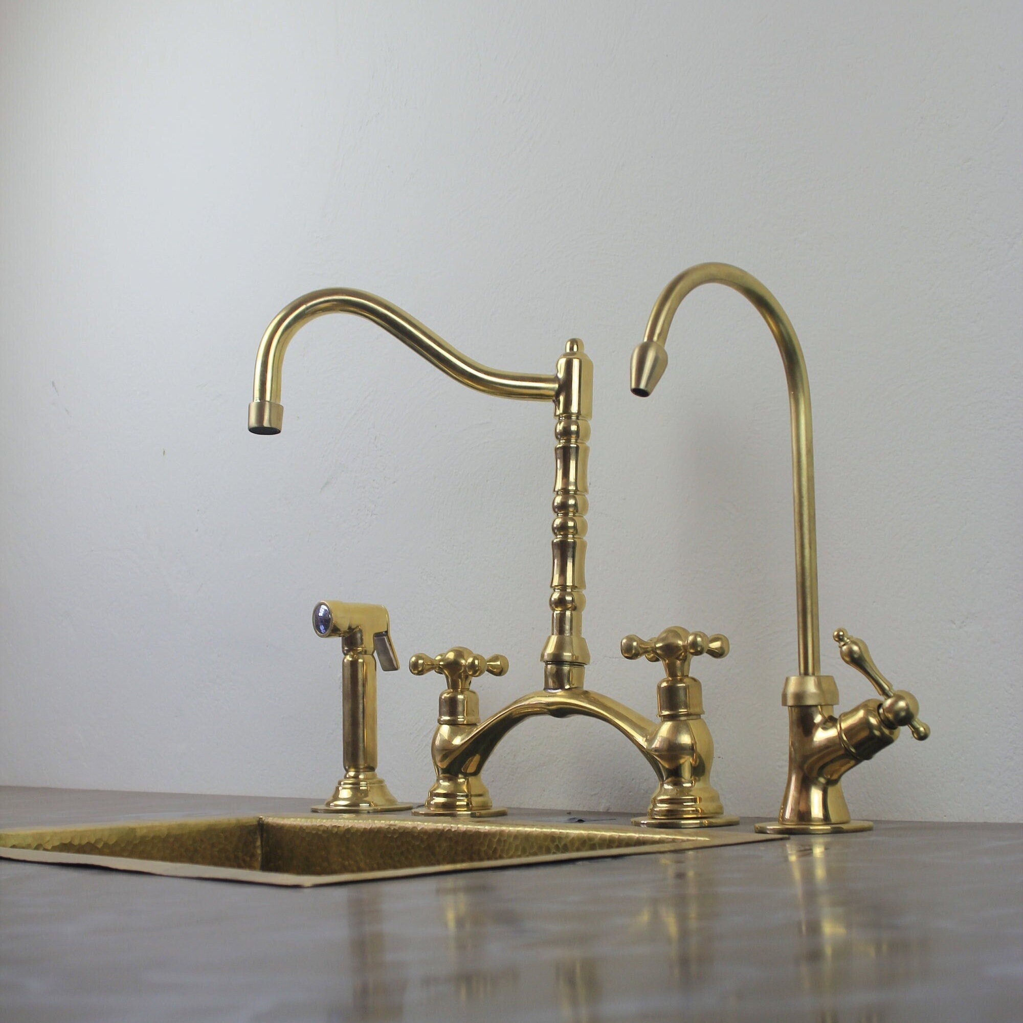 Kitchen Bridge Faucet with Side Sprayer – Modern Unlacquered Brass Faucet for Timeless Elegance