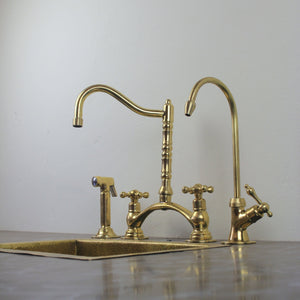 Kitchen Bridge Faucet with Side Sprayer – Modern Unlacquered Brass Faucet for Timeless Elegance