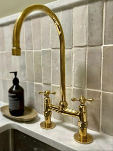 Solid Brass Bridge Kitchen Faucet with Straight Legs – Unlacquered Moroccan Brass Sink Tap with Optional Spraye