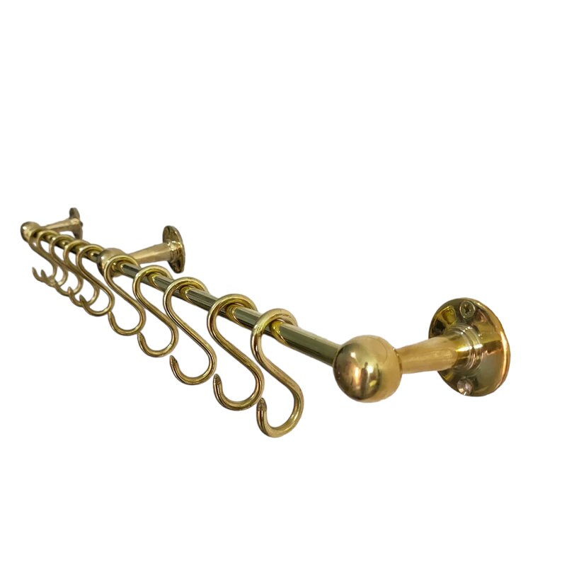 Brass Wall Pot Rack Kitchen Storage , pot hanging rack ceiling , Unlacquered Brass Wall Mounted Pot Rack , Brass Kitchen Rail with Hooks
