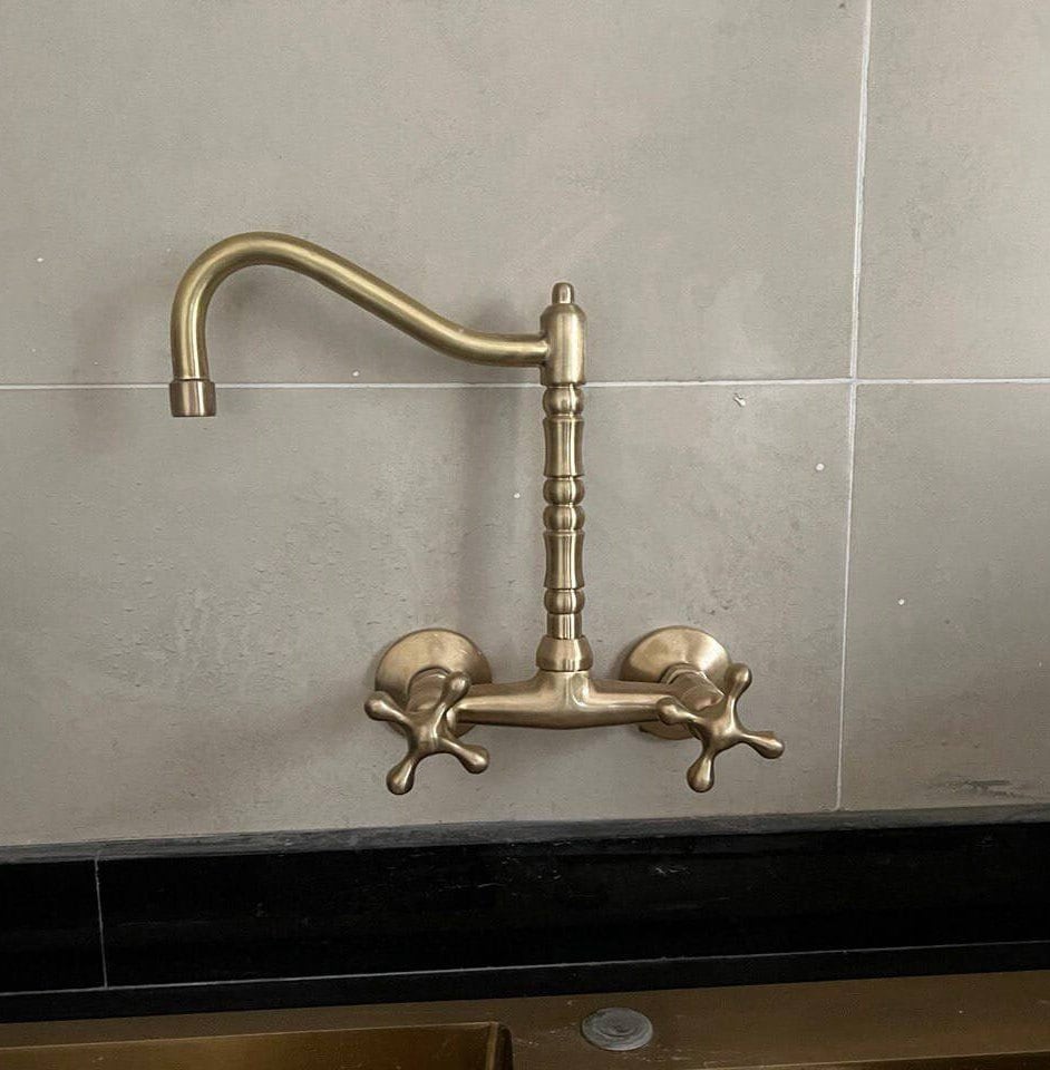 Unlacquered Brass Wall Mount Kitchen Faucet – Long Reach L Spout with Cross Handles | 6" Spread