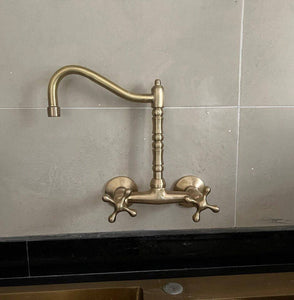Unlacquered Brass Wall Mount Kitchen Faucet – Long Reach L Spout with Cross Handles | 6" Spread