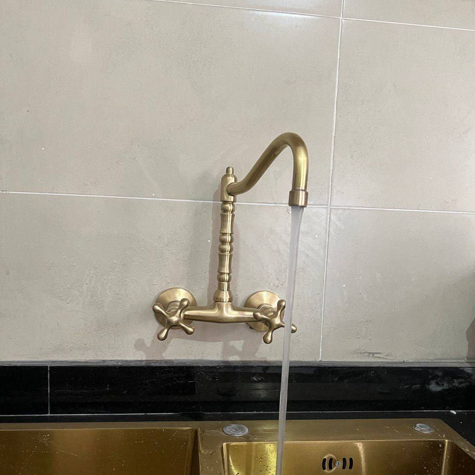 Unlacquered Brass Wall Mount Kitchen Faucet – Long Reach L Spout with Cross Handles | 6" Spread