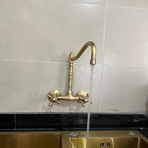 Unlacquered Brass Wall Mount Kitchen Faucet – Long Reach L Spout with Cross Handles | 6" Spread