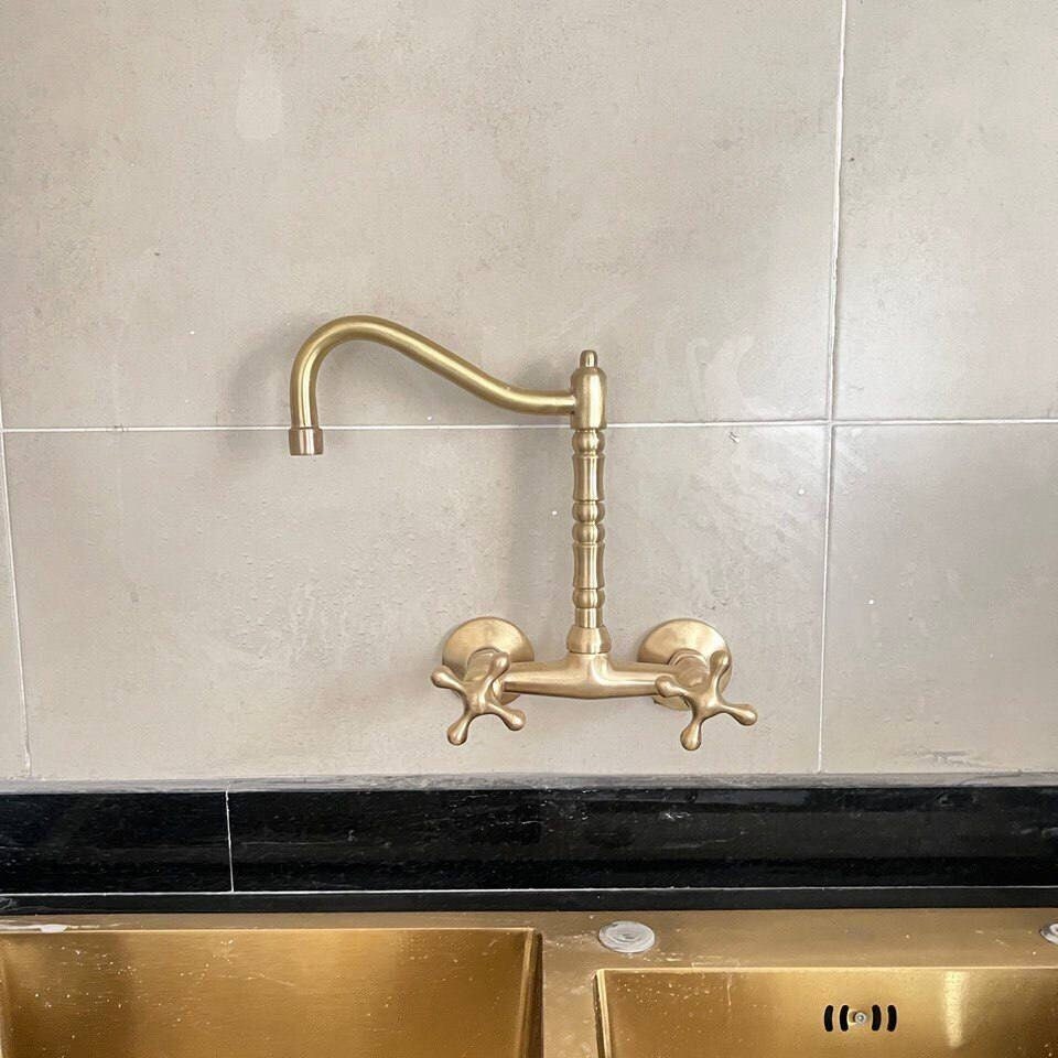 Unlacquered Brass Wall Mount Kitchen Faucet – Long Reach L Spout with Cross Handles | 6" Spread