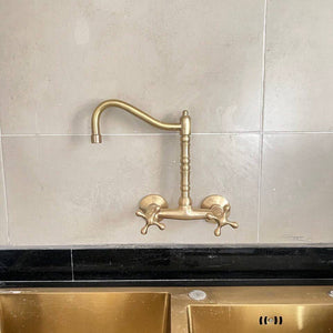 Unlacquered Brass Wall Mount Kitchen Faucet – Long Reach L Spout with Cross Handles | 6" Spread