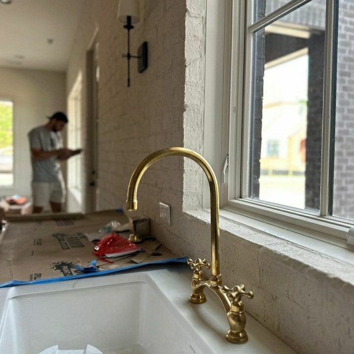 Victorian Unlacquered Brass Bridge Kitchen Faucet with Side Sprayer – Antique Farmhouse Style