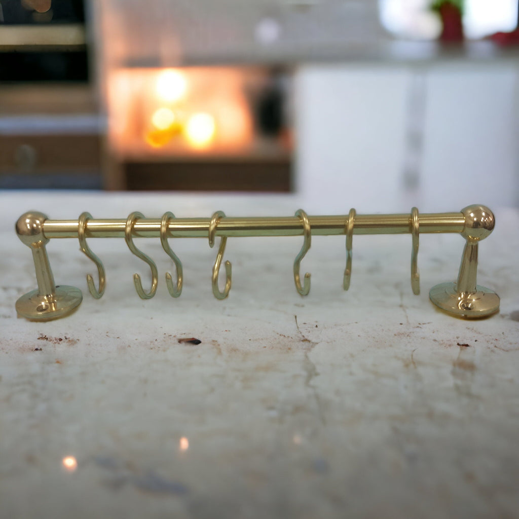 Brass Wall Pot Rack Kitchen Storage , pot hanging rack ceiling , Unlacquered Brass Wall Mounted Pot Rack , Brass Kitchen Rail with Hooks