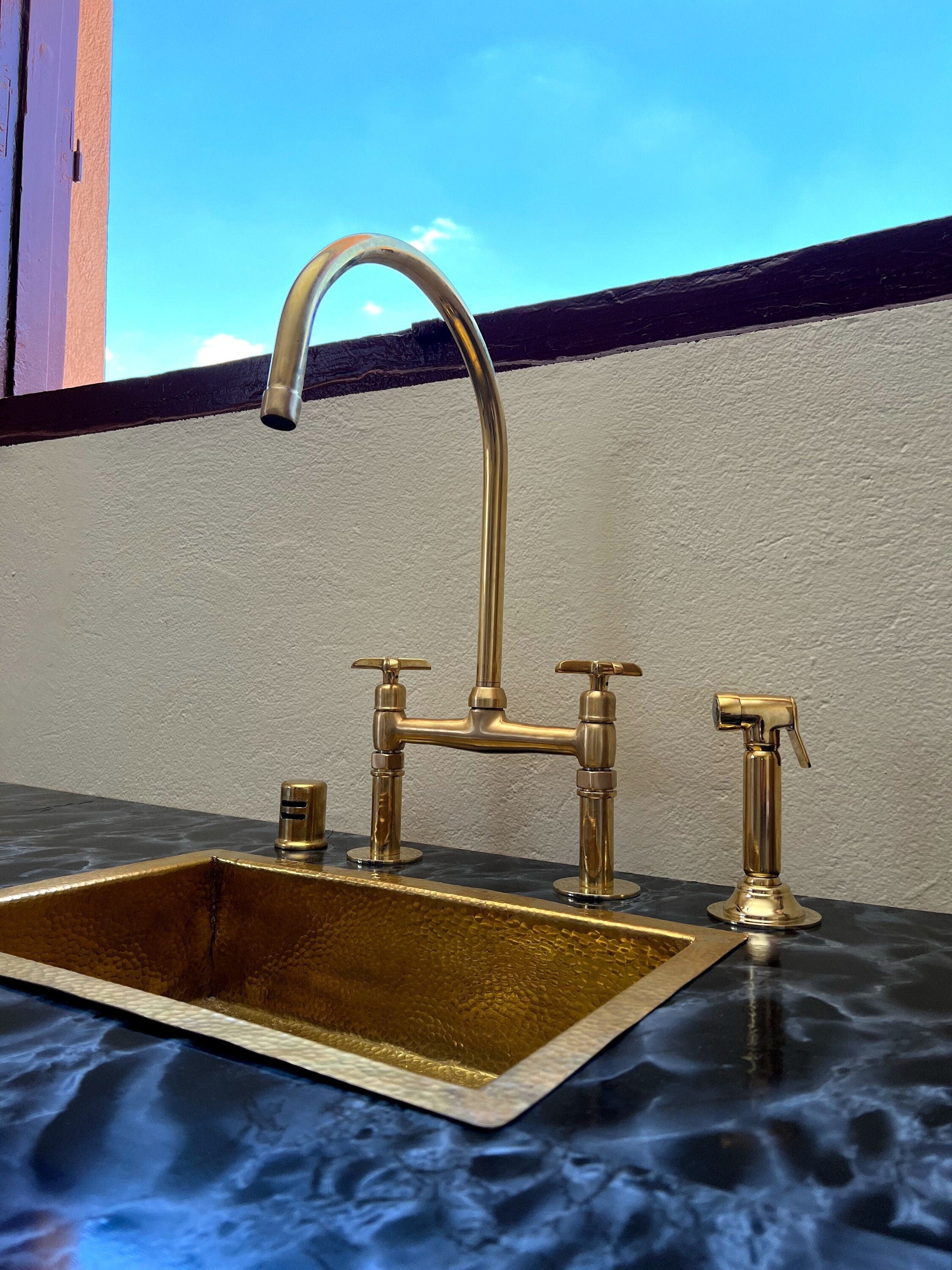 Unlacquered Brass Bridge Kitchen Faucet – Handcrafted Moroccan Solid Brass Faucet with Swiveling Neck, Timeless Patina Finish