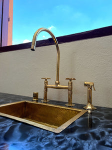 Unlacquered Brass Bridge Kitchen Faucet – Handcrafted Moroccan Solid Brass Faucet with Swiveling Neck, Timeless Patina Finish