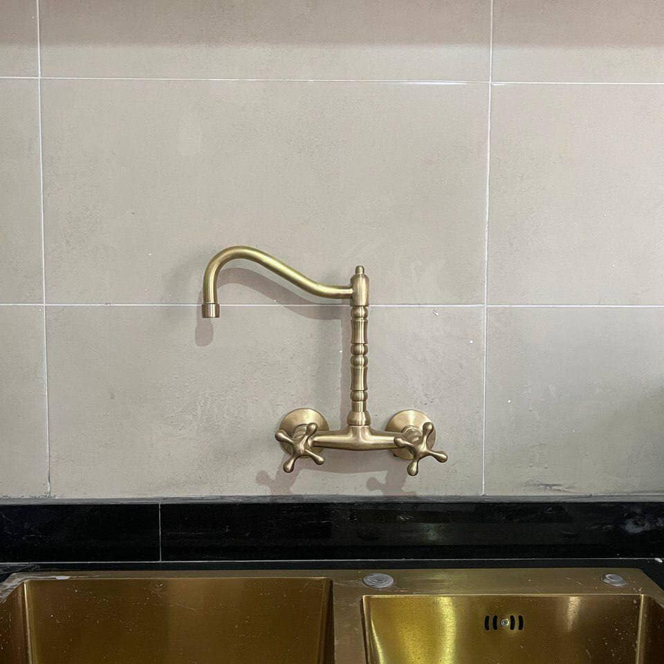 Unlacquered Brass Wall Mount Kitchen Faucet – Long Reach L Spout with Cross Handles | 6" Spread