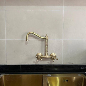 Unlacquered Brass Wall Mount Kitchen Faucet – Long Reach L Spout with Cross Handles | 6" Spread