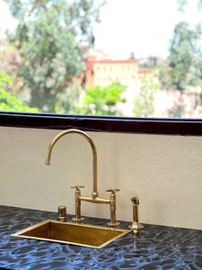 Unlacquered Brass Bridge Kitchen Faucet – Handcrafted Moroccan Solid Brass Faucet with Swiveling Neck, Timeless Patina Finish