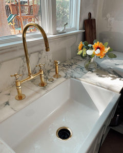 Unlacquered Brass Bridge Kitchen Faucet – Handcrafted Moroccan Solid Brass Faucet with Swiveling Neck, Timeless Patina Finish