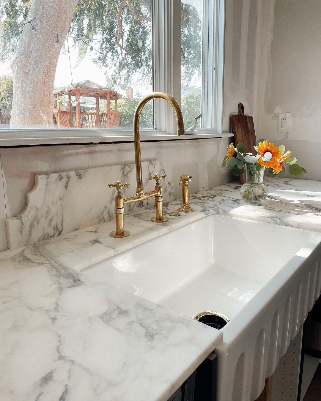 Unlacquered Brass Bridge Kitchen Faucet – Handcrafted Moroccan Solid Brass Faucet with Swiveling Neck, Timeless Patina Finish