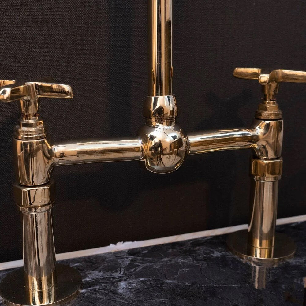 Unlacquered Brass Bridge Kitchen Faucet with Ball Center – Dual Handle Vintage Farmhouse Tap