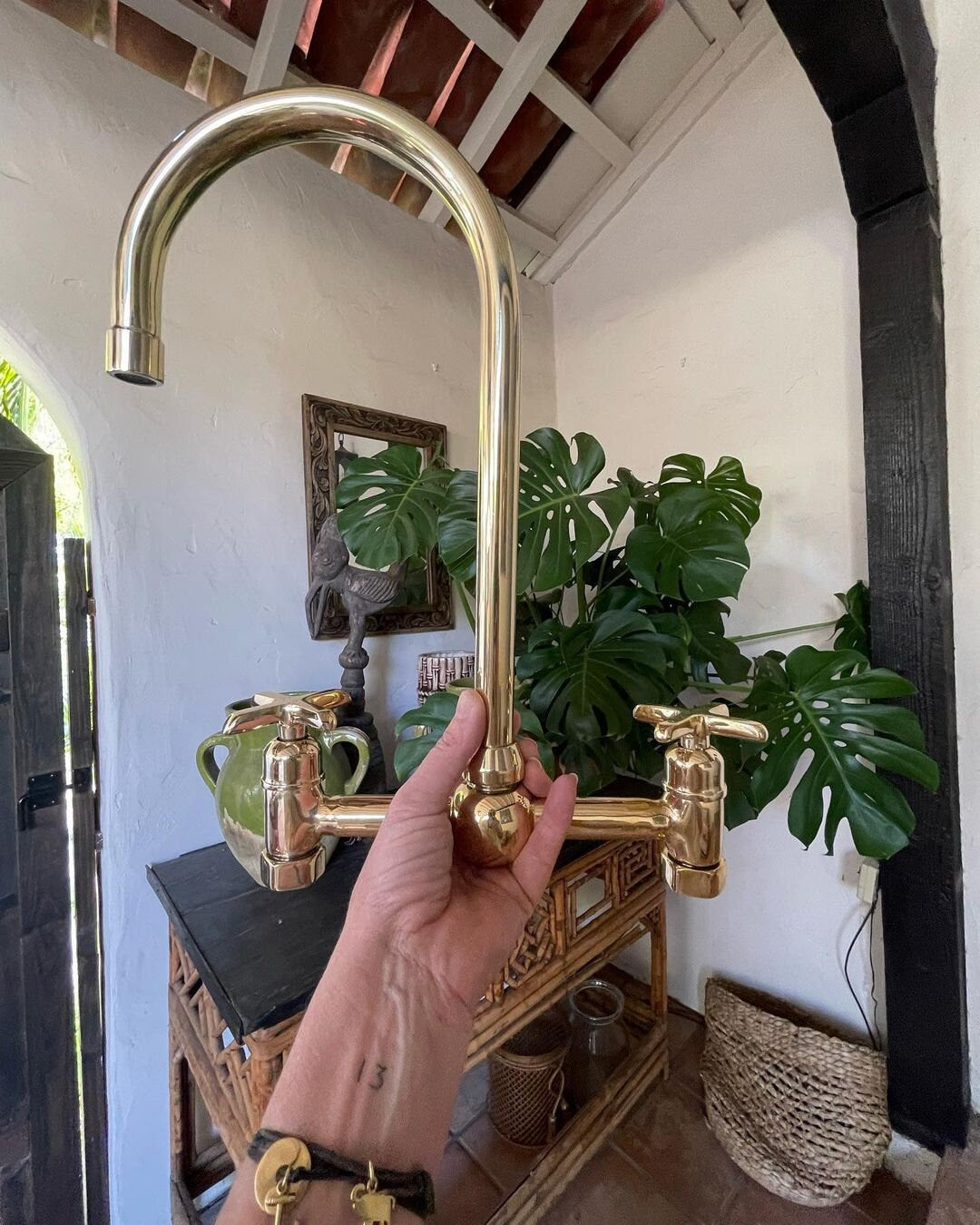 Unlacquered Brass Bridge Kitchen Faucet with Ball Center – Dual Handle Vintage Farmhouse Tap