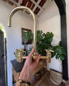 Unlacquered Brass Bridge Kitchen Faucet with Ball Center – Dual Handle Vintage Farmhouse Tap