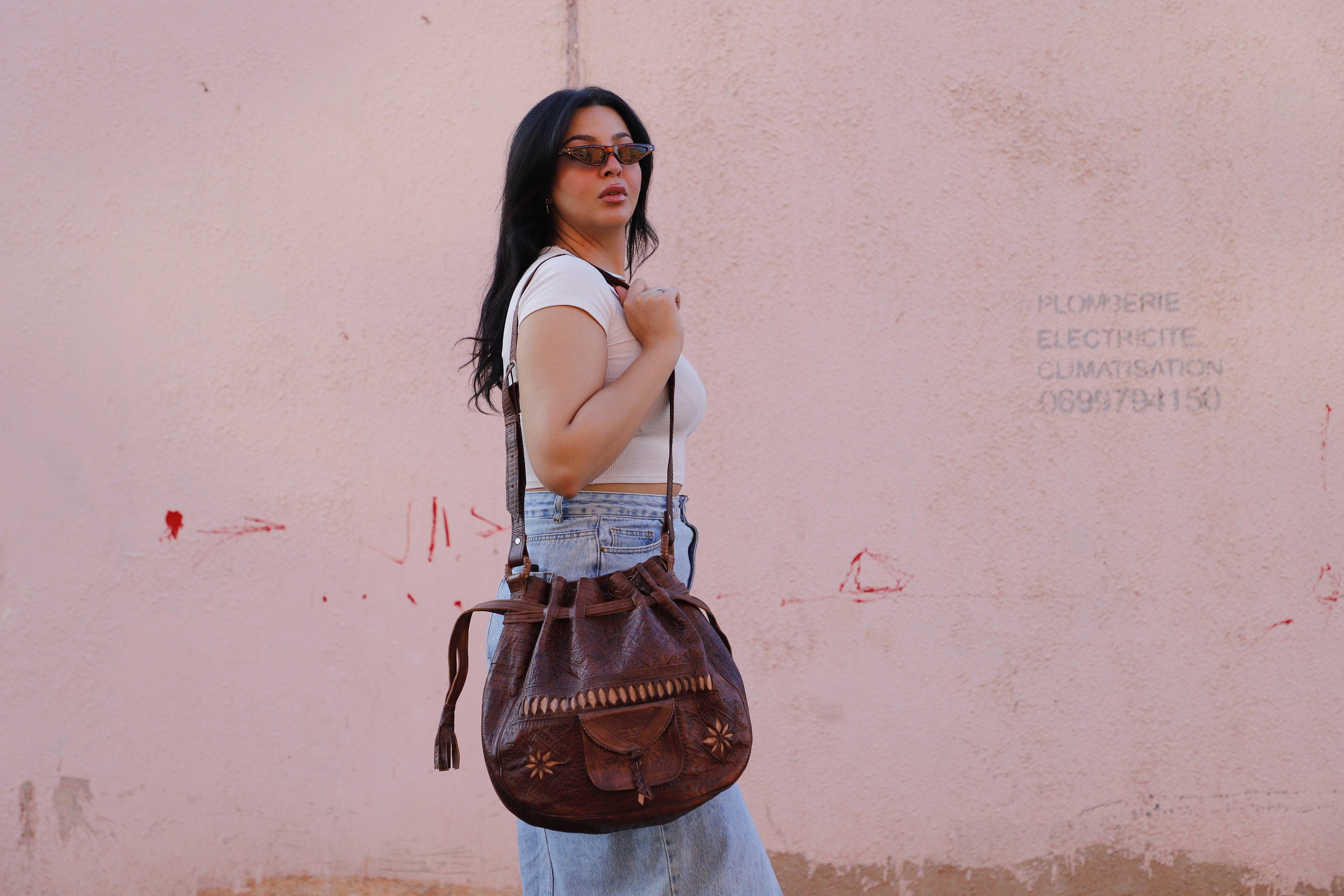 Drawstring Leather bag, Leather drawstring bag for women, Leather handwork bucket bag, women Wanderlust Bag, Handmade Engraved Leather Bag