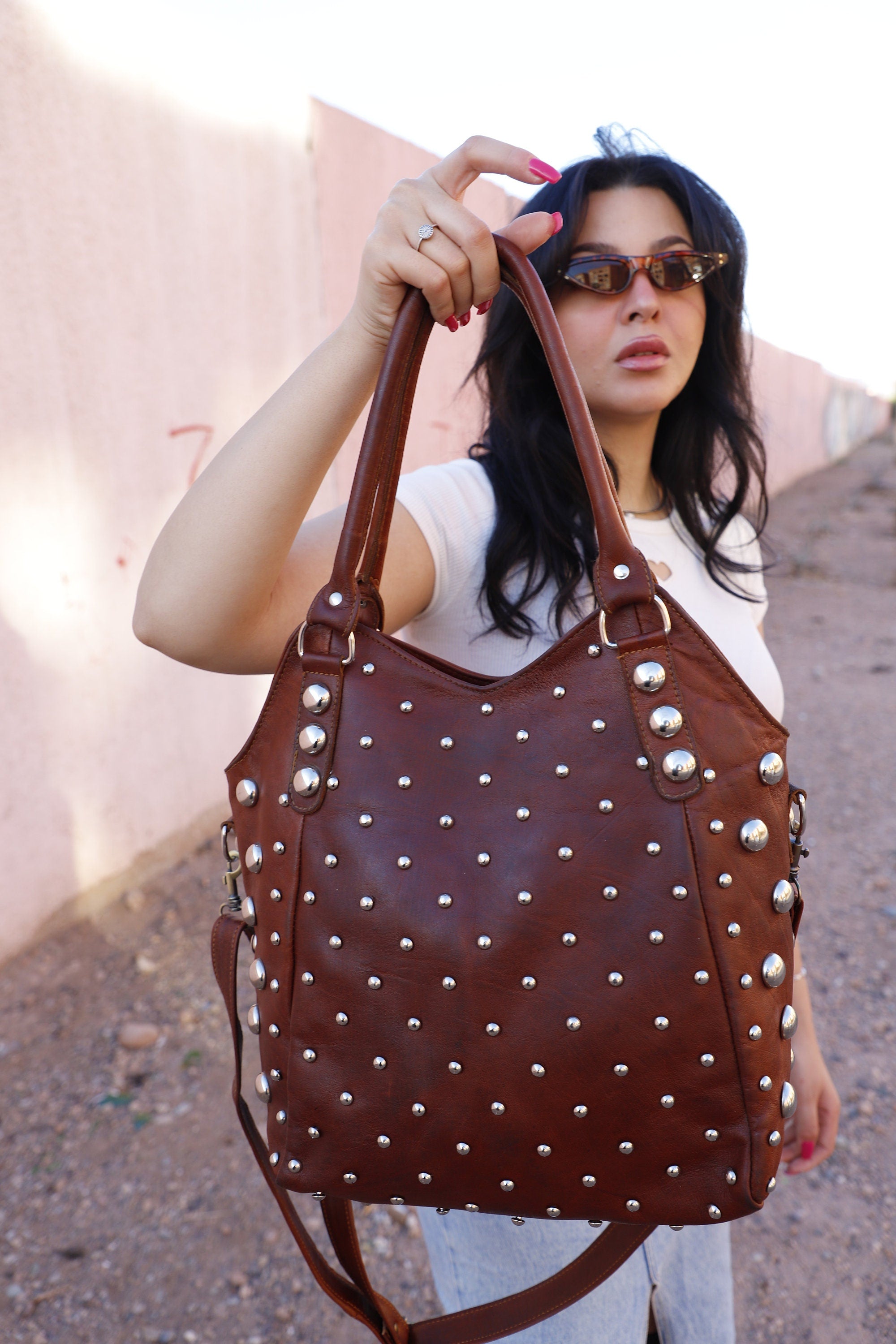 Dot Studded tote bag, Studded leather handbag, Polka dot Studded tote bag, Moroccan Black leather studded bag, gothic rivets Leather Bag