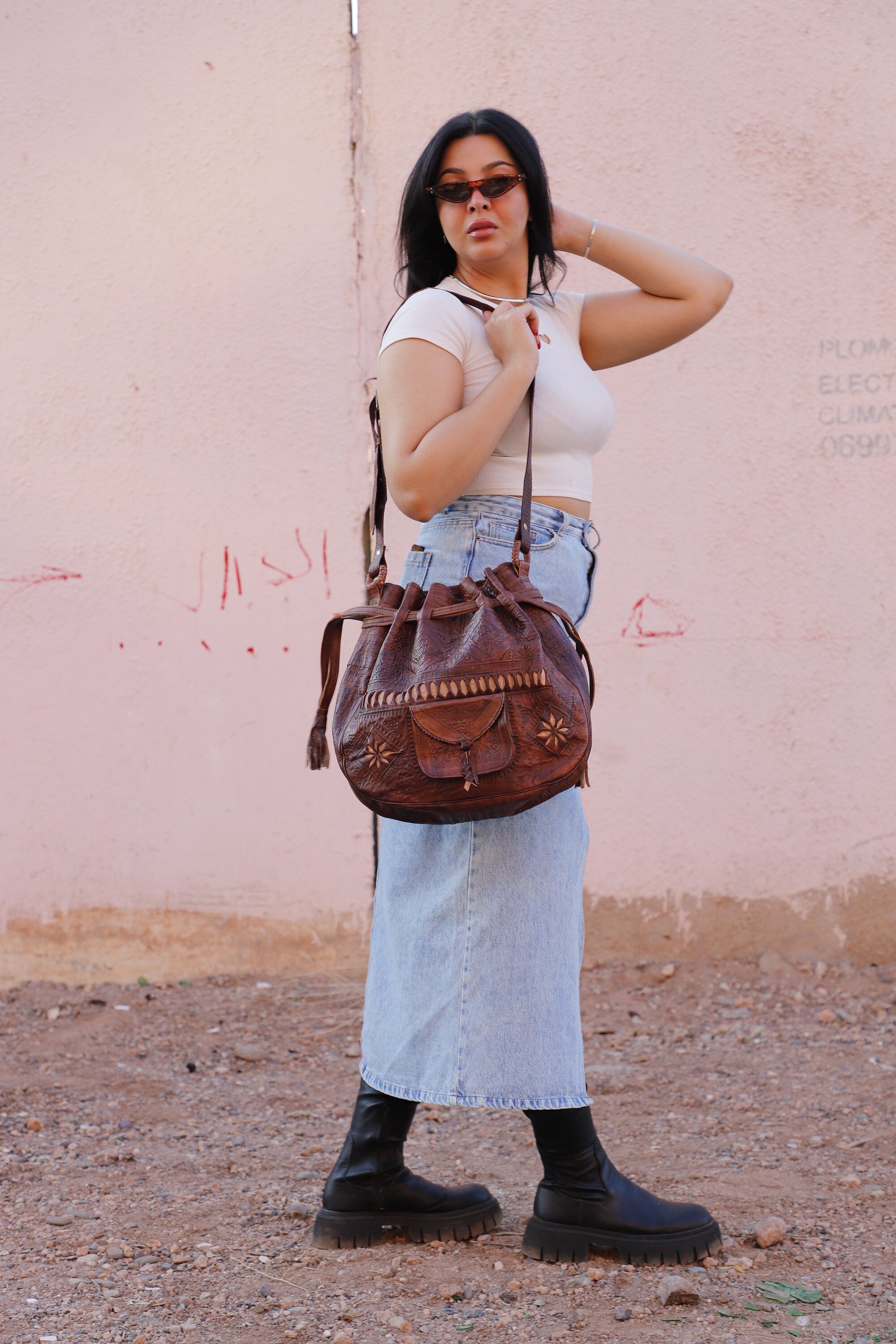 Drawstring Leather bag, Leather drawstring bag for women, Leather handwork bucket bag, women Wanderlust Bag, Handmade Engraved Leather Bag