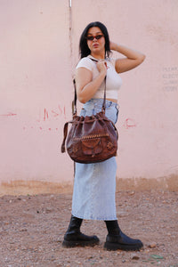 Drawstring Leather bag, Leather drawstring bag for women, Leather handwork bucket bag, women Wanderlust Bag, Handmade Engraved Leather Bag