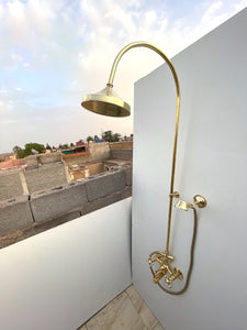Handmade Unlacquered Brass Outdoor Shower System with Handheld & Rain Shower Head