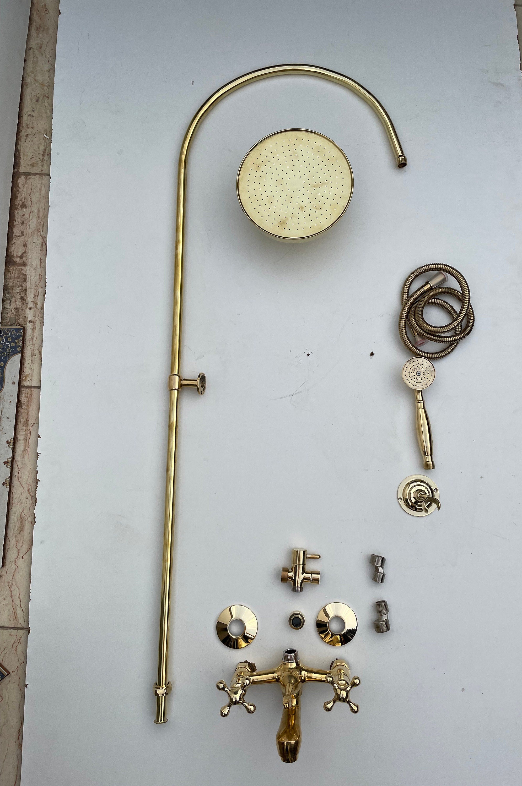 Handmade Unlacquered Brass Outdoor Shower System with Handheld & Rain Shower Head