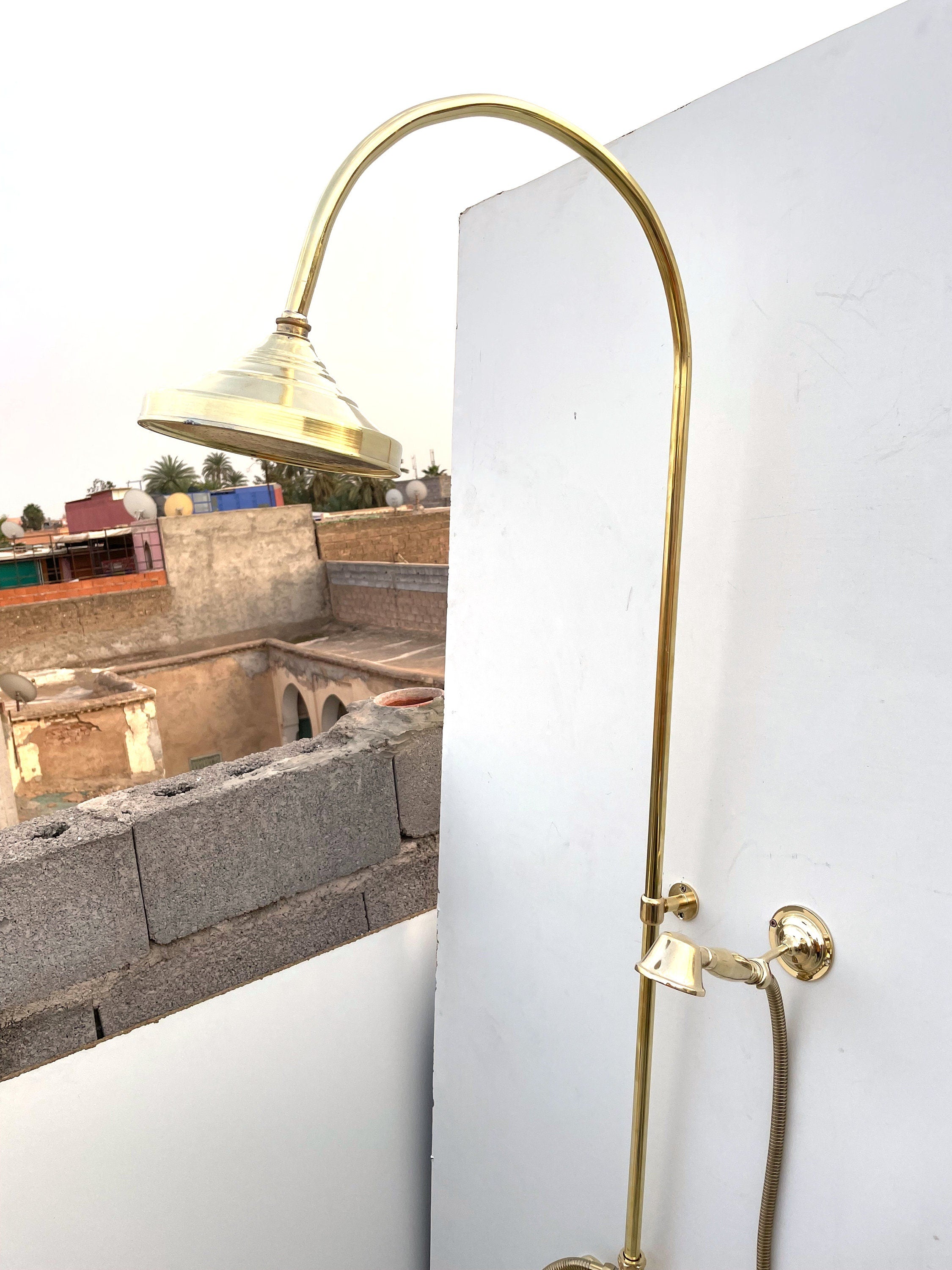 Handmade Unlacquered Brass Outdoor Shower System with Handheld & Rain Shower Head