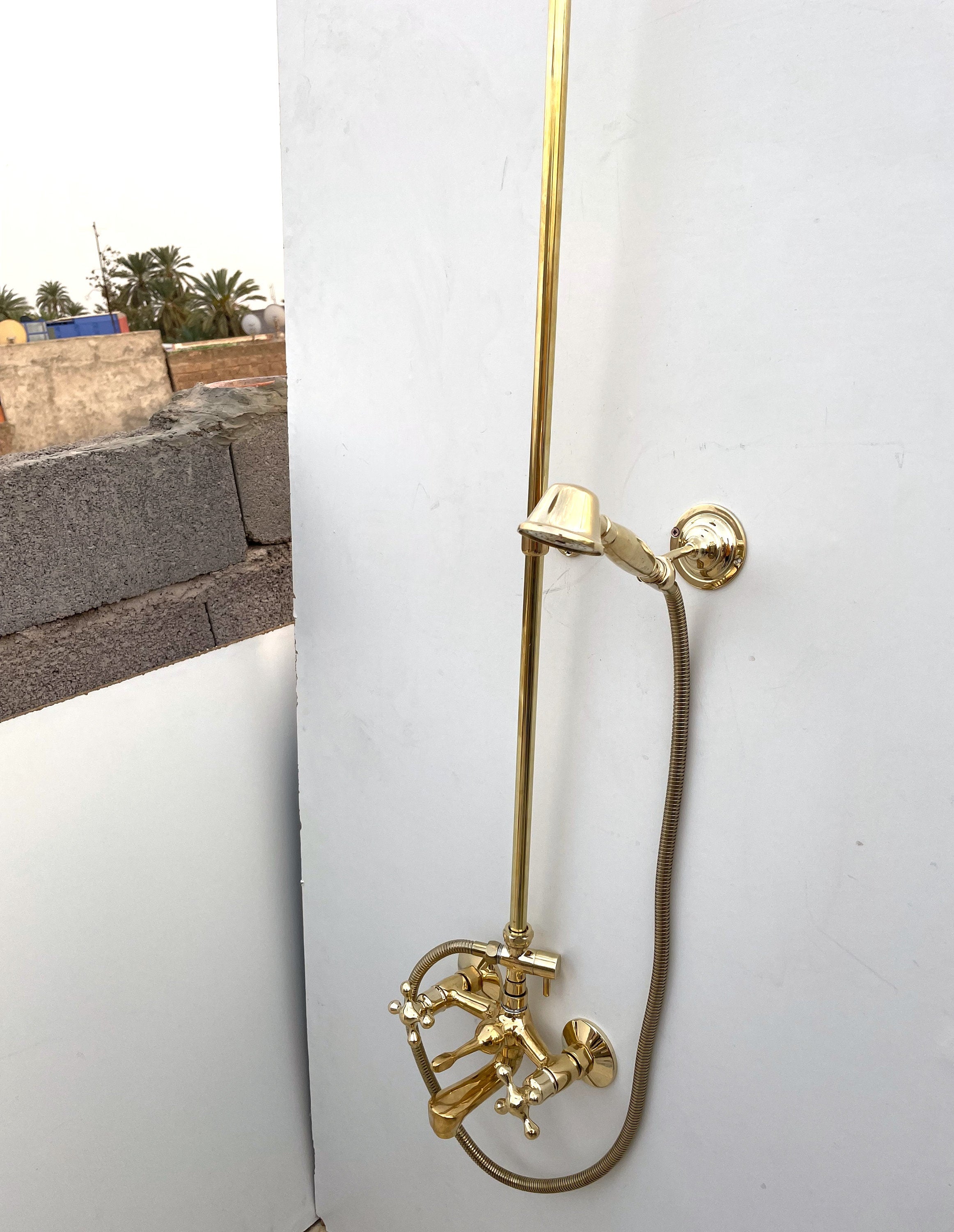 Handmade Unlacquered Brass Outdoor Shower System with Handheld & Rain Shower Head