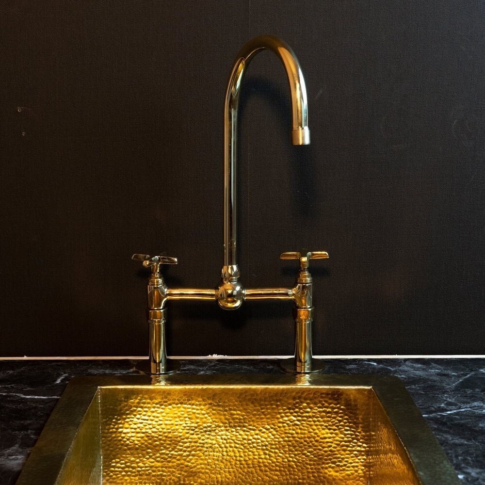 Unlacquered Brass Bridge Kitchen Faucet with Ball Center – Dual Handle Vintage Farmhouse Tap