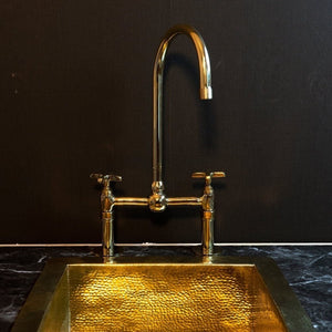 Unlacquered Brass Bridge Kitchen Faucet with Ball Center – Dual Handle Vintage Farmhouse Tap
