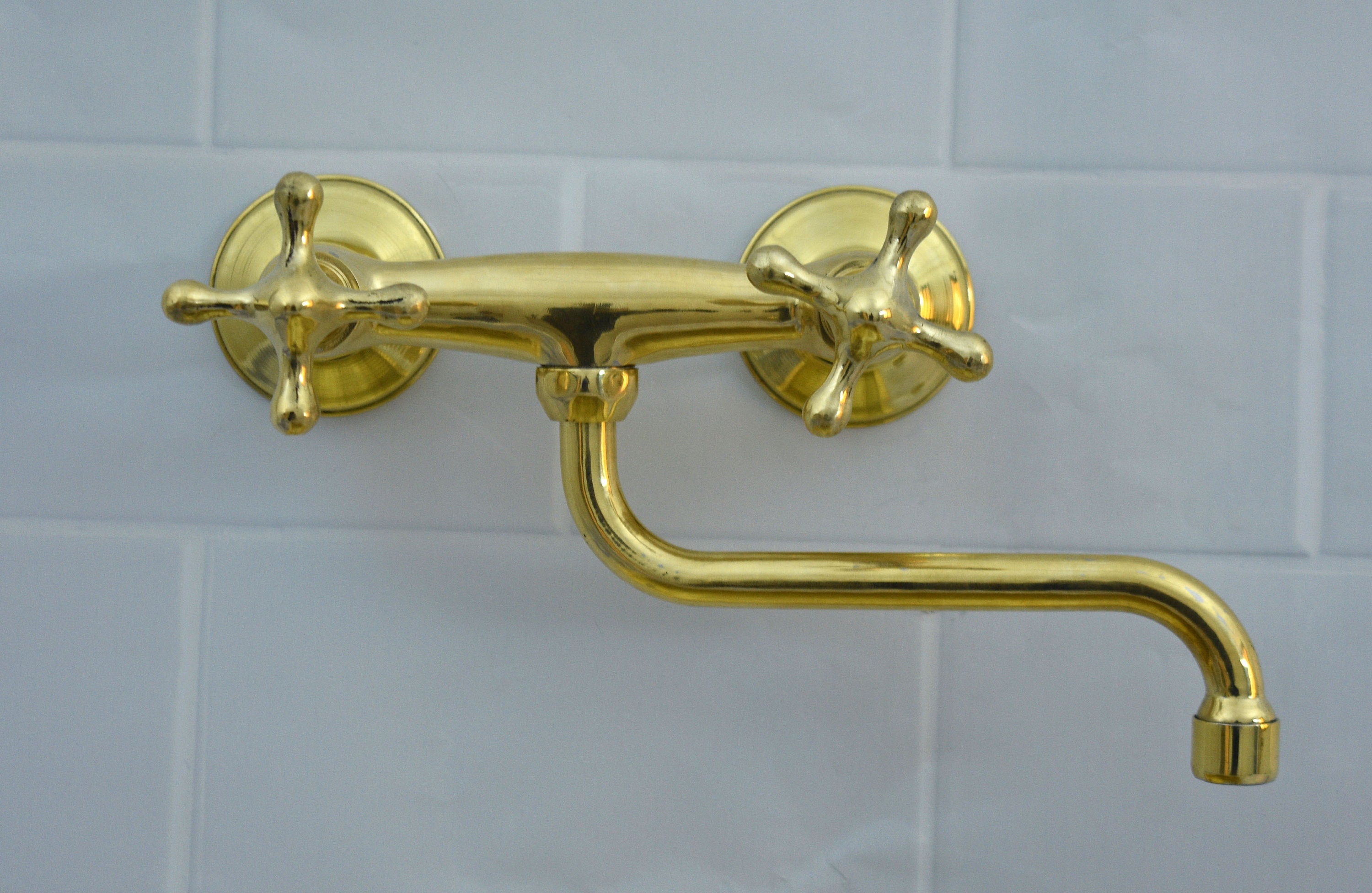Kitchen Faucet with Double Cross Handles & 8-Inch Swivel Spout – Handmade Vintage Hot & Cold Mixer
