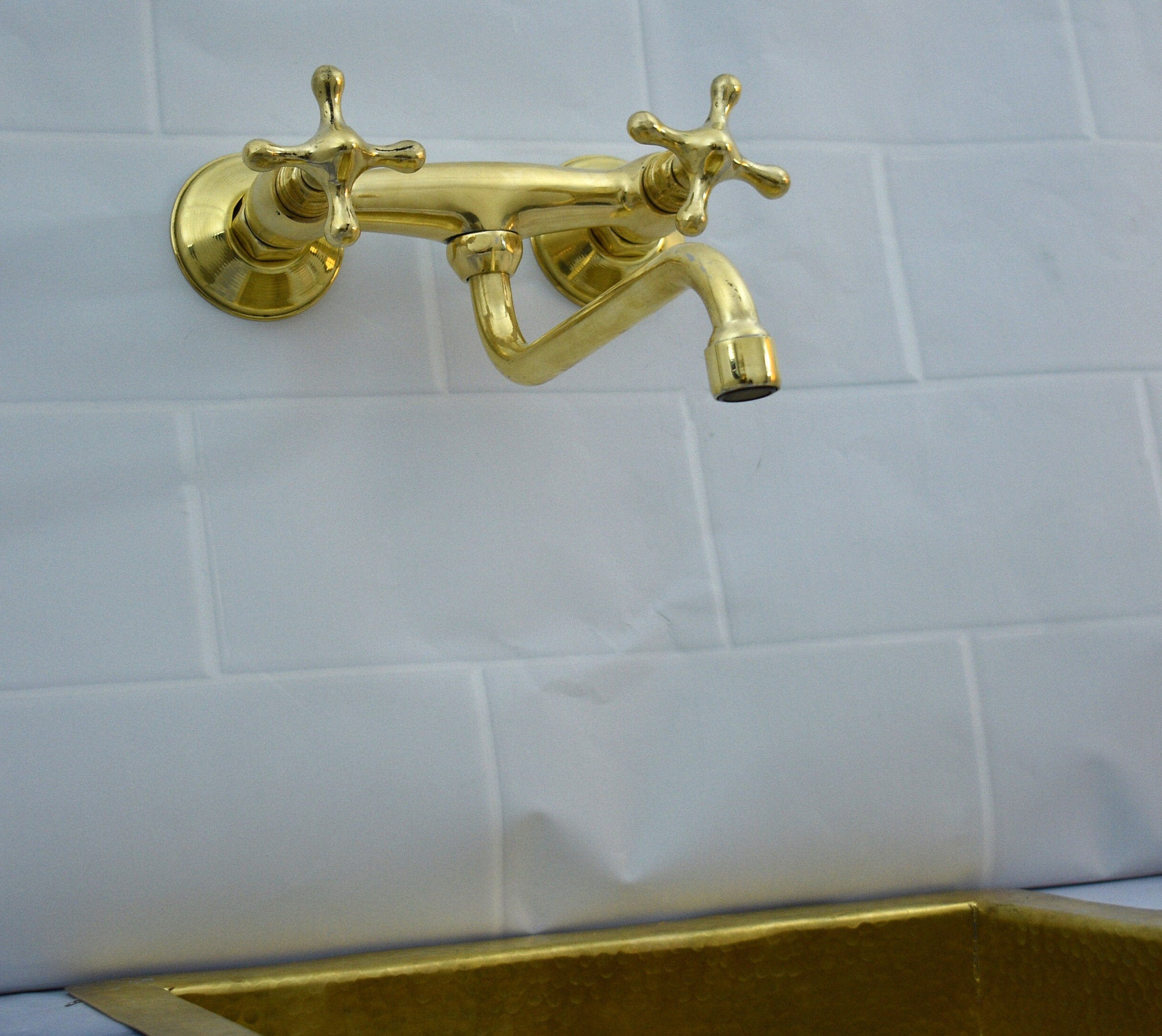 Kitchen Faucet with Double Cross Handles & 8-Inch Swivel Spout – Handmade Vintage Hot & Cold Mixer