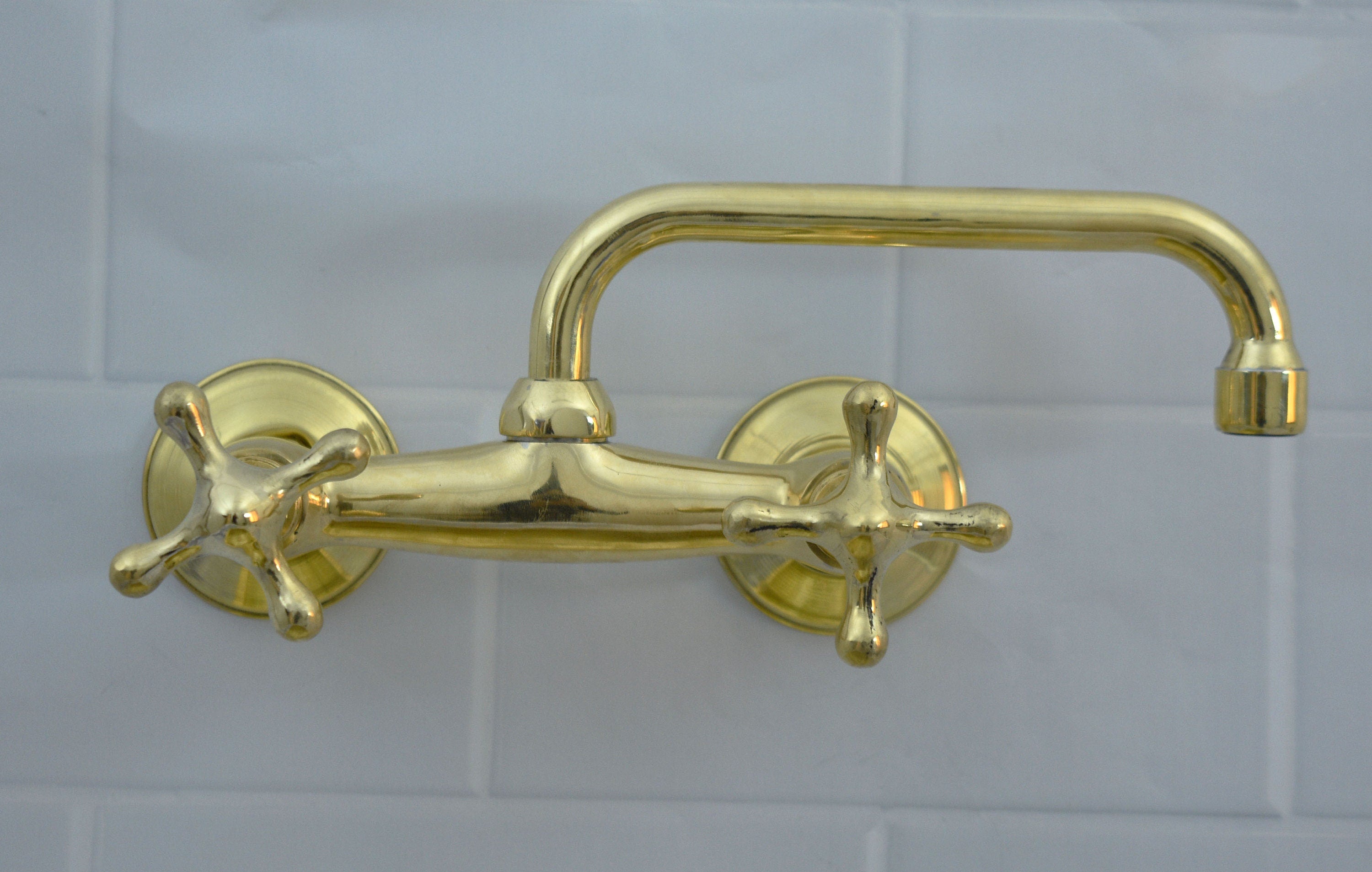 Solid Wall Mount Faucet with Short Square Spout | Handmade in Morocco | 2-Handle Brass Tap