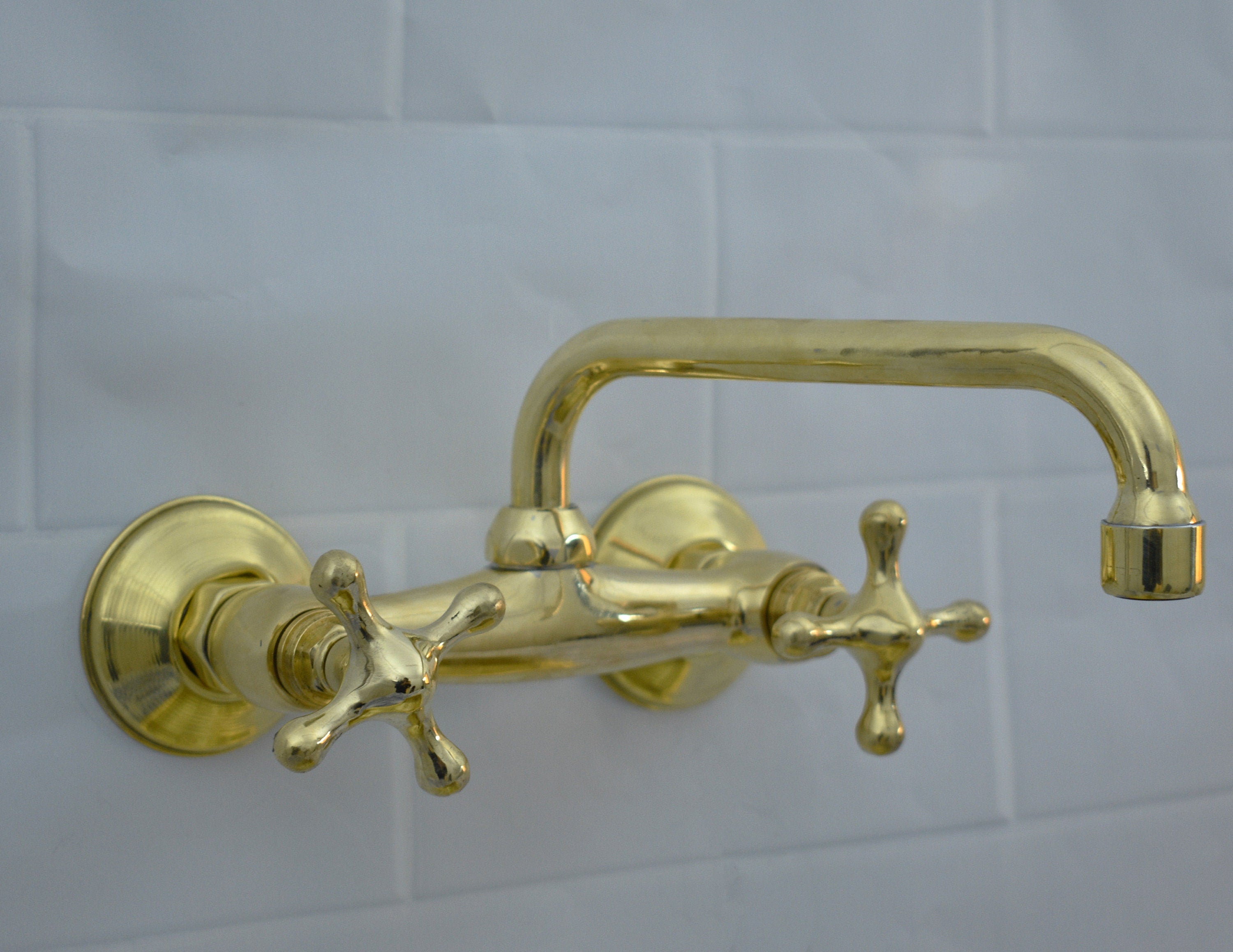 Solid Wall Mount Faucet with Short Square Spout | Handmade in Morocco | 2-Handle Brass Tap
