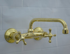 Solid Wall Mount Faucet with Short Square Spout | Handmade in Morocco | 2-Handle Brass Tap