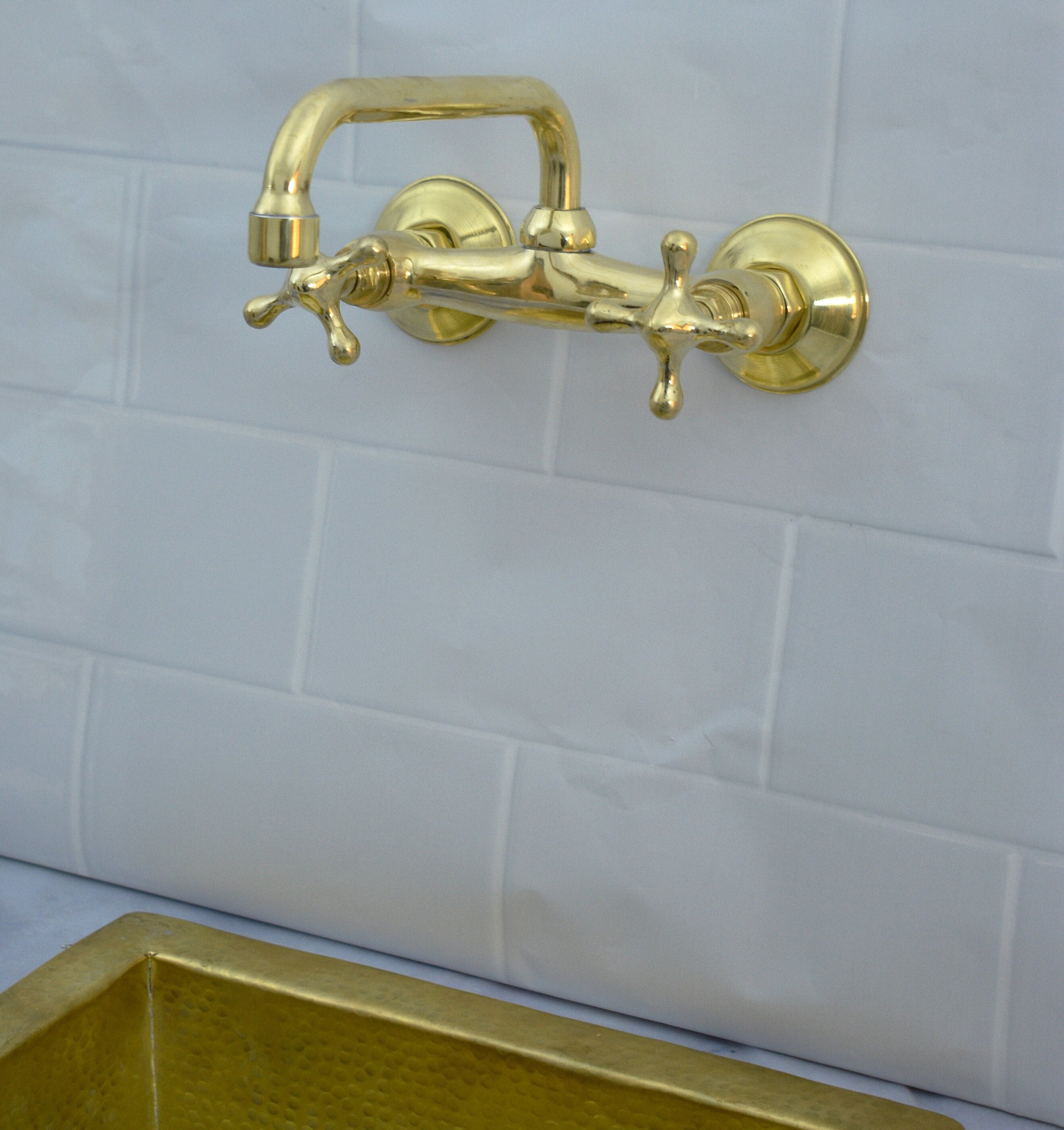 Solid Wall Mount Faucet with Short Square Spout | Handmade in Morocco | 2-Handle Brass Tap